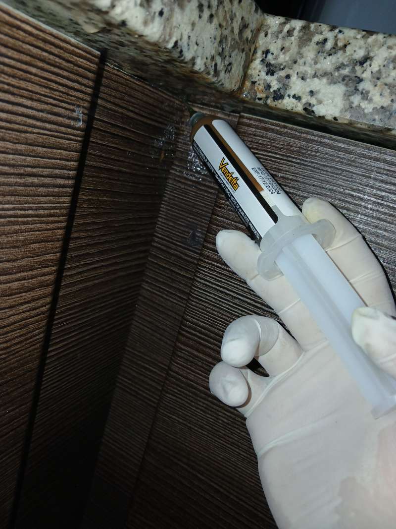 Aplicación de gel cucarachicida profesional con jeringa en una rendija de mueble de cocina