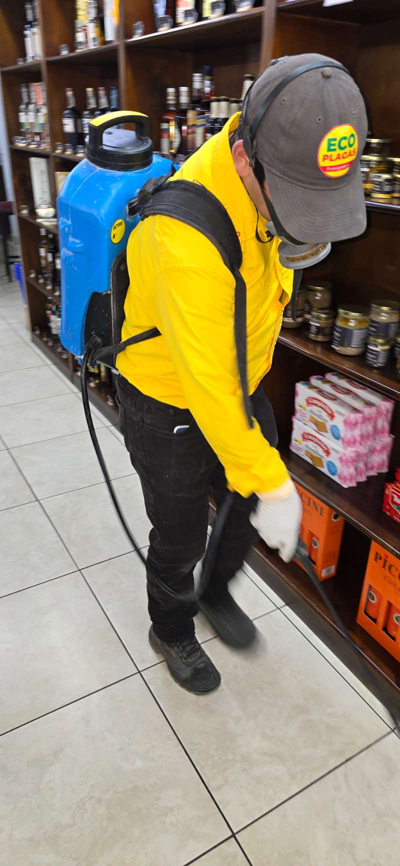 Técnico de EcoPlagas con gorra y uniforme aplicando tratamiento con bomba de espalda en una licorera